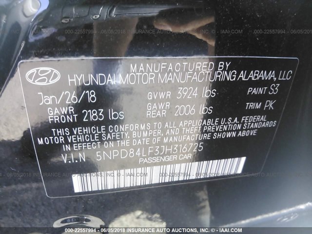 5NPD84LF3JH316725 - 2018 HYUNDAI ELANTRA SEL/VALUE/LIMITED BLACK photo 9