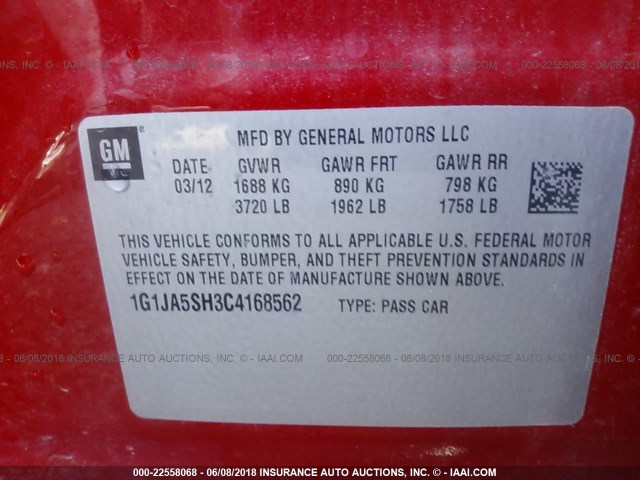 1G1JA5SH3C4168562 - 2012 CHEVROLET SONIC LS 红色 照片 9