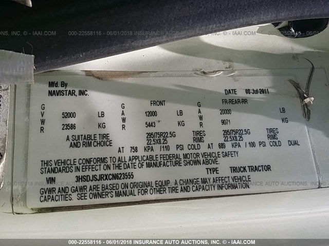 3HSDJSJRXCN623555 - 2012 INTERNATIONAL PROSTAR أبيض صورة 10