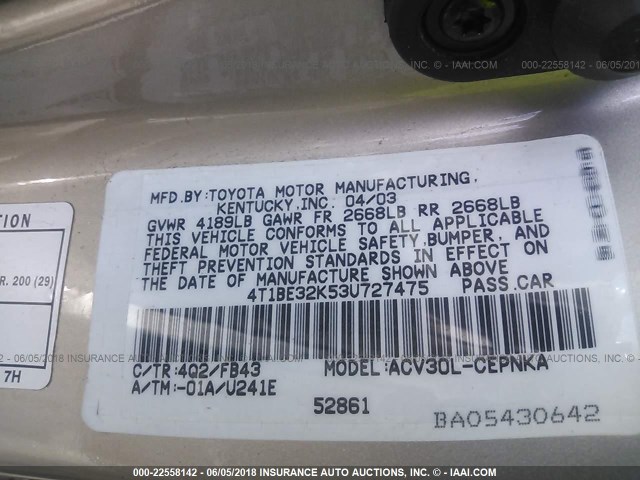 4T1BE32K53U727475 - 2003 TOYOTA CAMRY LE/XLE/SE Bej foto 9