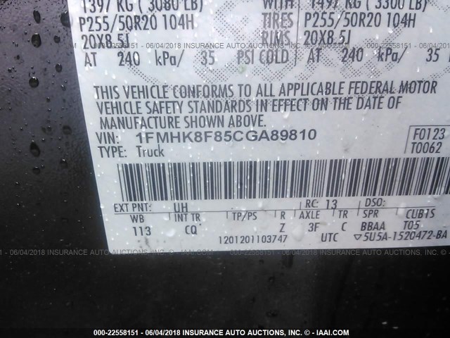 1FMHK8F85CGA89810 - 2012 FORD EXPLORER LIMITED 黑色 照片 9