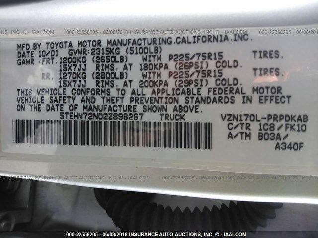 5TEHN72N02Z898267 - 2002 TOYOTA TACOMA DOUBLE CAB 银色 照片 9