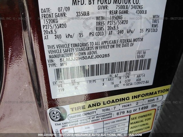 5LMJJ2H50AEJ00285 - 2010 LINCOLN NAVIGATOR 栗色 照片 9