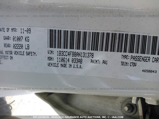 1B3CC4FB8AN131378 - 2010 DODGE AVENGER SXT WHITE photo 9