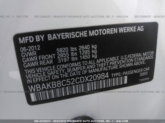 WBAKB8C52CDX20984 - 2012 BMW 750 LI WHITE photo 9