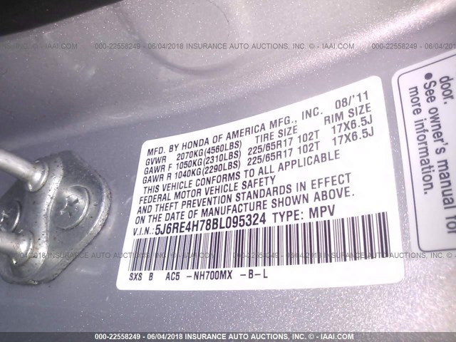 5J6RE4H78BL095324 - 2011 HONDA CR-V EXL SILVER photo 9