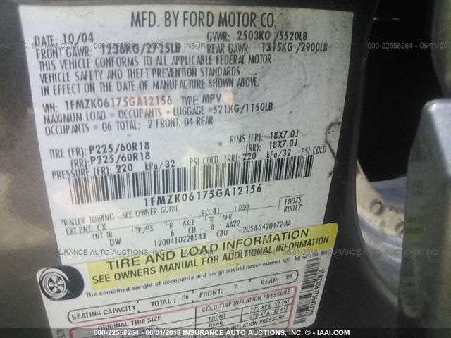 1FMZK06175GA12156 - 2005 FORD FREESTYLE LIMITED GRAY photo 9