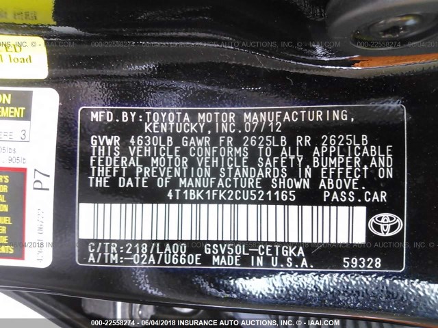 4T1BK1FK2CU521165 - 2012 TOYOTA CAMRY SE/XLE BLACK photo 9