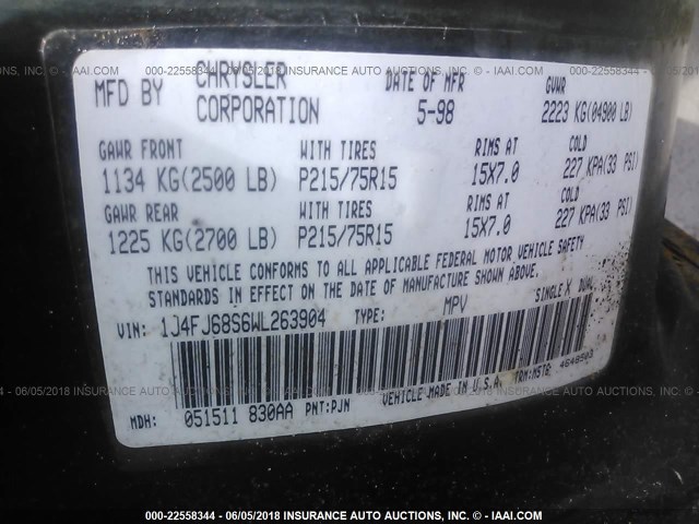 1J4FJ68S6WL263904 - 1998 JEEP CHEROKEE SPORT/CLASSIC მწვანე ფოტო 9