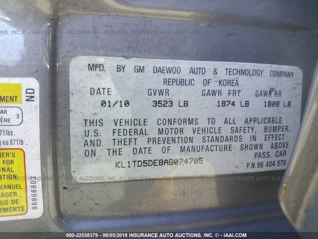 KL1TD5DE8AB074705 - 2010 CHEVROLET AVEO LS/LT 灰色 照片 9