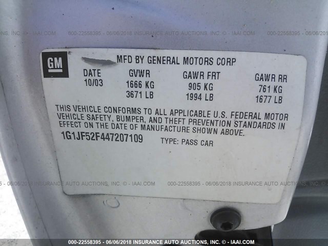 1G1JF52F447207109 - 2004 CHEVROLET CAVALIER LS SILVER photo 9