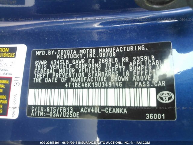 4T1BE46K19U349146 - 2009 TOYOTA CAMRY SE/LE/XLE 蓝色 照片 9