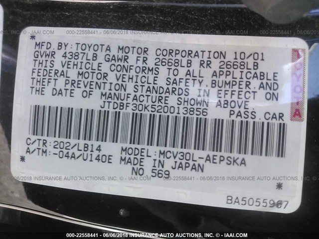 JTDBF30K520013856 - 2002 TOYOTA CAMRY LE/XLE/SE Qara foto 9