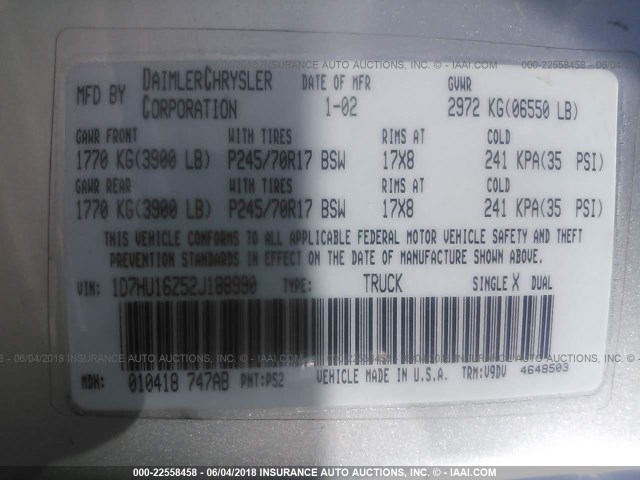 1D7HU16Z52J188990 - 2002 DODGE RAM 1500 SILVER photo 9