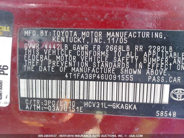 4T1FA38P46U091555 - 2006 TOYOTA CAMRY SOLARA SE/SLE წითელი ფოტო 9