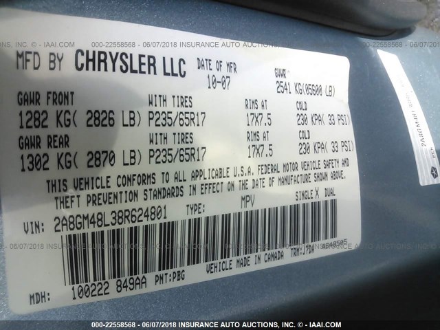 2A8GM48L38R624801 - 2008 CHRYSLER PACIFICA LX Light Blue photo 9