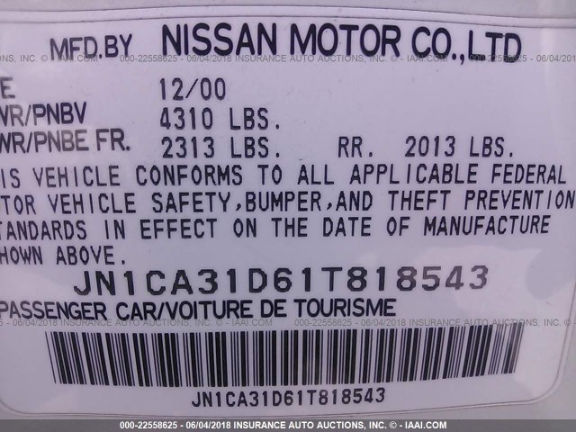 JN1CA31D61T818543 - 2001 NISSAN MAXIMA GXE/SE/GLE/20TH ANNIV WHITE photo 9