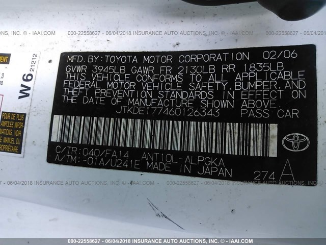 JTKDE177460126343 - 2006 TOYOTA SCION TC 白色 照片 9