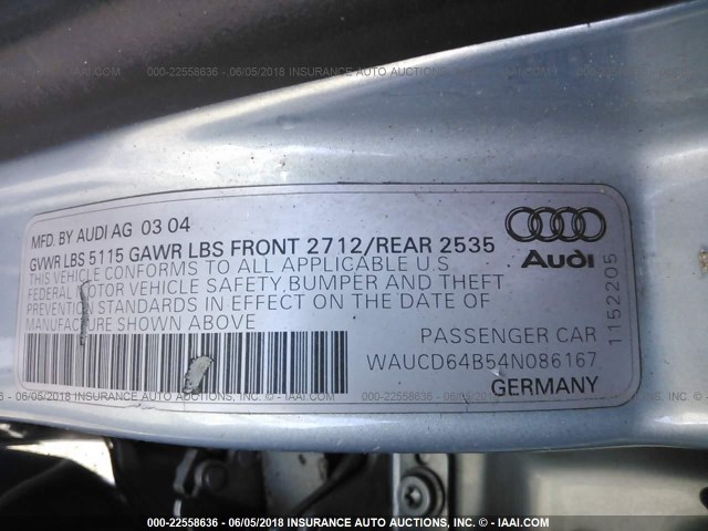 WAUCD64B54N086167 - 2004 AUDI A6 S-LINE QUATTRO Light Blue photo 9