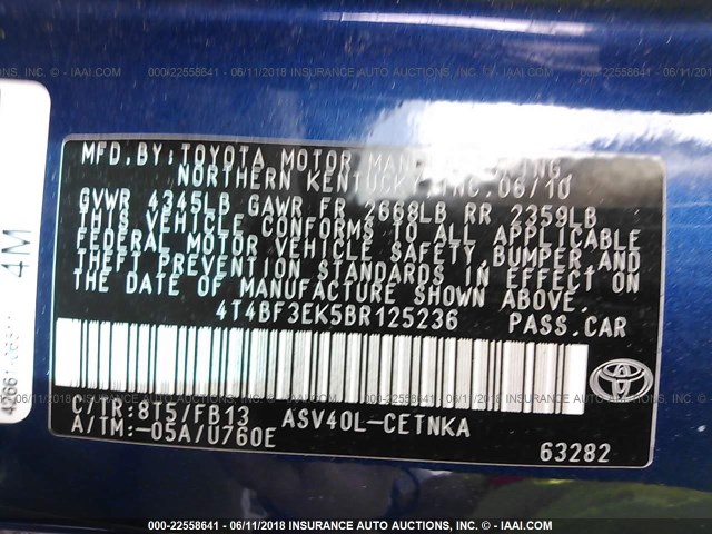 4T4BF3EK5BR125236 - 2011 TOYOTA CAMRY SE/LE/XLE 蓝色 照片 9