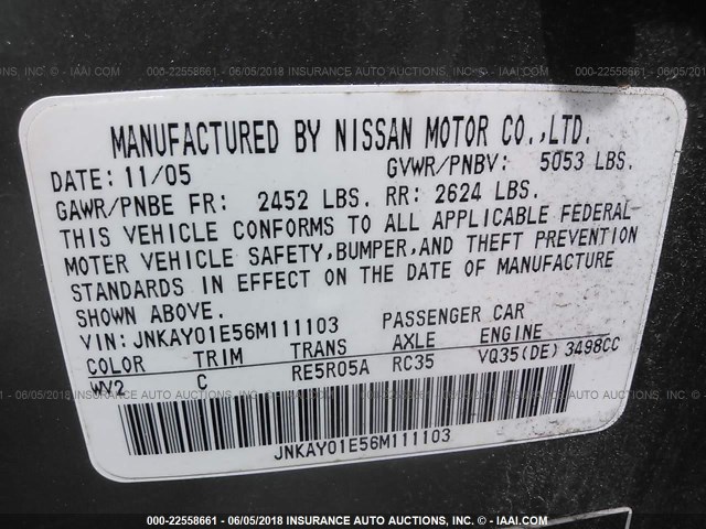 JNKAY01E56M111103 - 2006 INFINITI M35 SPORT GRAY photo 9