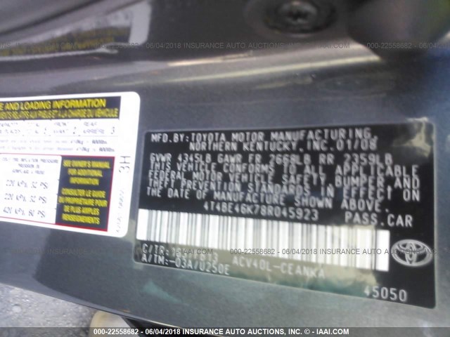 4T4BE46K78R045923 - 2008 TOYOTA CAMRY CE/LE/XLE/SE GRAY photo 9