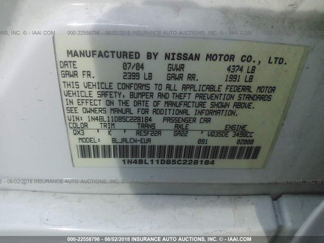 1N4BL11D85C228184 - 2005 NISSAN ALTIMA SE/SL/SE-R WHITE photo 9