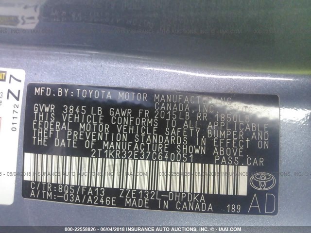 2T1KR32E37C640051 - 2007 TOYOTA COROLLA MATRIX XR BLUE photo 9