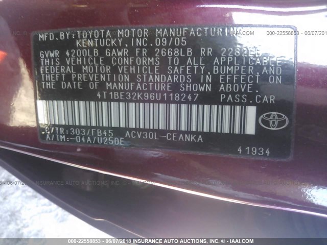 4T1BE32K96U118247 - 2006 TOYOTA CAMRY LE/XLE/SE ბურგუნდია ფოტო 9