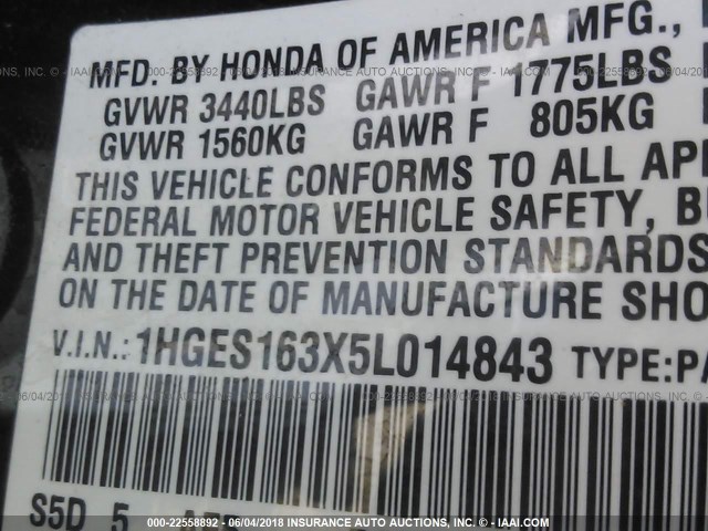 1HGES163X5L014843 - 2005 HONDA CIVIC DX VP BLACK photo 9
