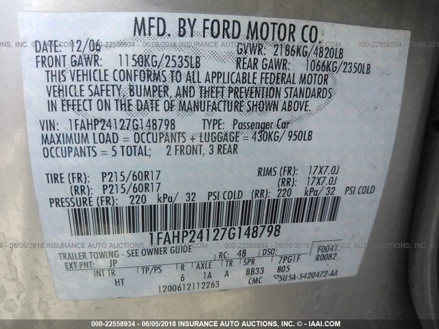 1FAHP24127G148798 - 2007 FORD FIVE HUNDRED SEL SILVER photo 9