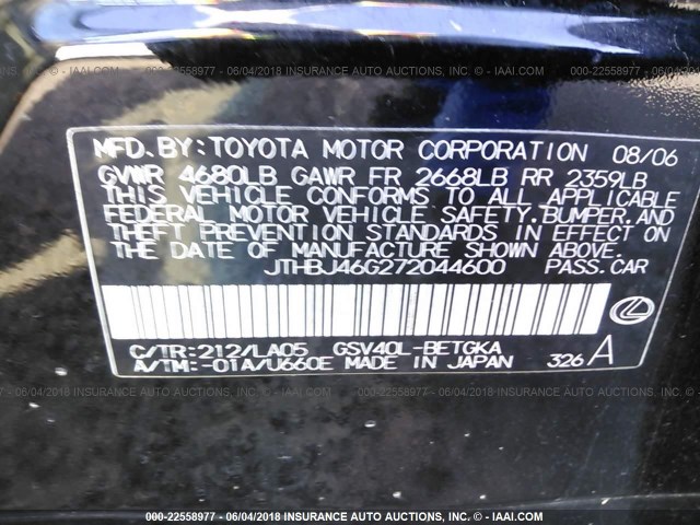 JTHBJ46G272044600 - 2007 LEXUS ES 350 BLACK photo 9