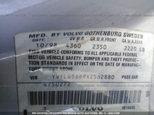 YV1LW56D9X2562880 - 1999 VOLVO V70 GLT SILVER photo 9