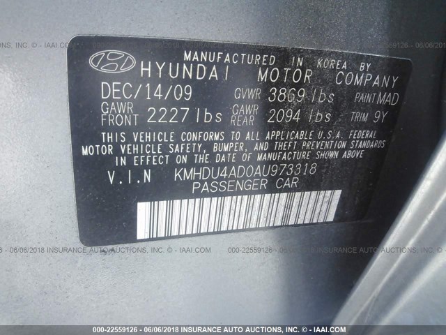 KMHDU4AD0AU973318 - 2010 HYUNDAI ELANTRA BLUE/GLS/SE GRAY photo 9