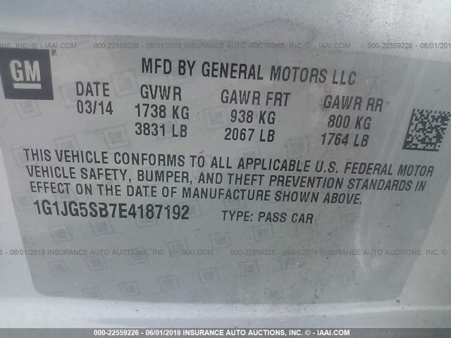 1G1JG5SB7E4187192 - 2014 CHEVROLET SONIC RS GRAY photo 9