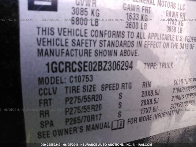 1GCRCSE02BZ306294 - 2011 CHEVROLET SILVERADO C1500 LT BLACK photo 9