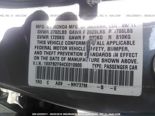 19XFB2F94CE010905 - 2012 HONDA CIVIC EXL 灰色 照片 9