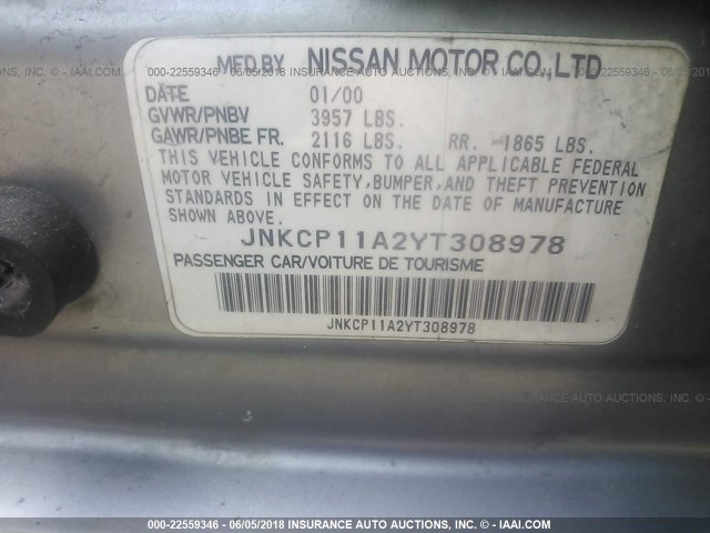 JNKCP11A2YT308978 - 2000 INFINITI G20 SILVER photo 9