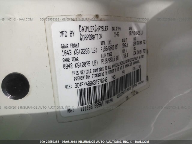 3C4FY48BX3T576749 - 2003 CHRYSLER PT CRUISER CLASSIC 白色 照片 9