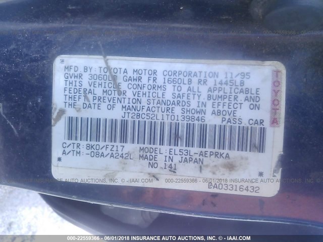 JT2BC52L1T0139846 - 1996 TOYOTA TERCEL DX BLUE photo 9