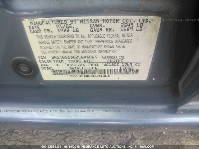 3N1CB51D02L641065 - 2002 NISSAN SENTRA XE/GXE BLUE photo 9