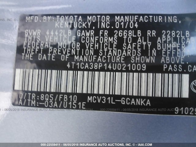 4T1CA38P14U021009 - 2004 TOYOTA CAMRY SOLARA SE/SLE Light Blue photo 9