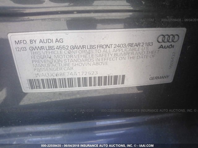 WAUJC68E74A172523 - 2004 AUDI A4 1.8T GRAY photo 9