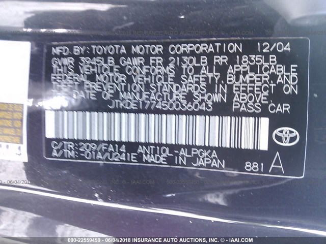 JTKDE177450036043 - 2005 TOYOTA SCION TC 黑色 照片 9