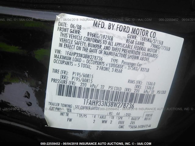 1FAHP33N38W278736 - 2008 FORD FOCUS SE/SEL/SES BLACK photo 9