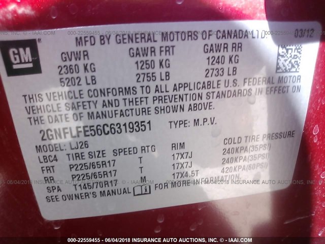 2GNFLFE56C6319351 - 2012 CHEVROLET EQUINOX LTZ RED photo 9