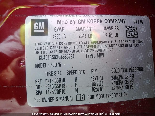 KL4CJBSBXGB685234 - 2016 BUICK ENCORE CONVENIENCE RED photo 9