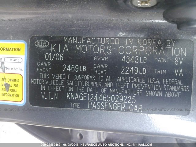 KNAGE124465029225 - 2006 KIA OPTIMA LX/EX GRAY photo 9