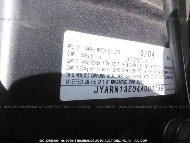 JYARN13E04A003739 - 2004 YAMAHA YZFR1 BLUE photo 10