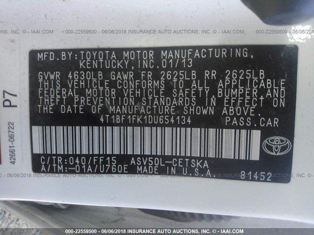 4T1BF1FK1DU654134 - 2013 TOYOTA CAMRY L/SE/LE/XLE 白色 照片 9
